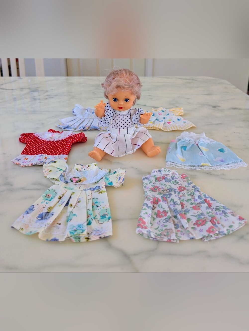 NWOT. Vintage Doll With Set Of 6 Summer Dresses - Pastel Florals & Polka Dot.